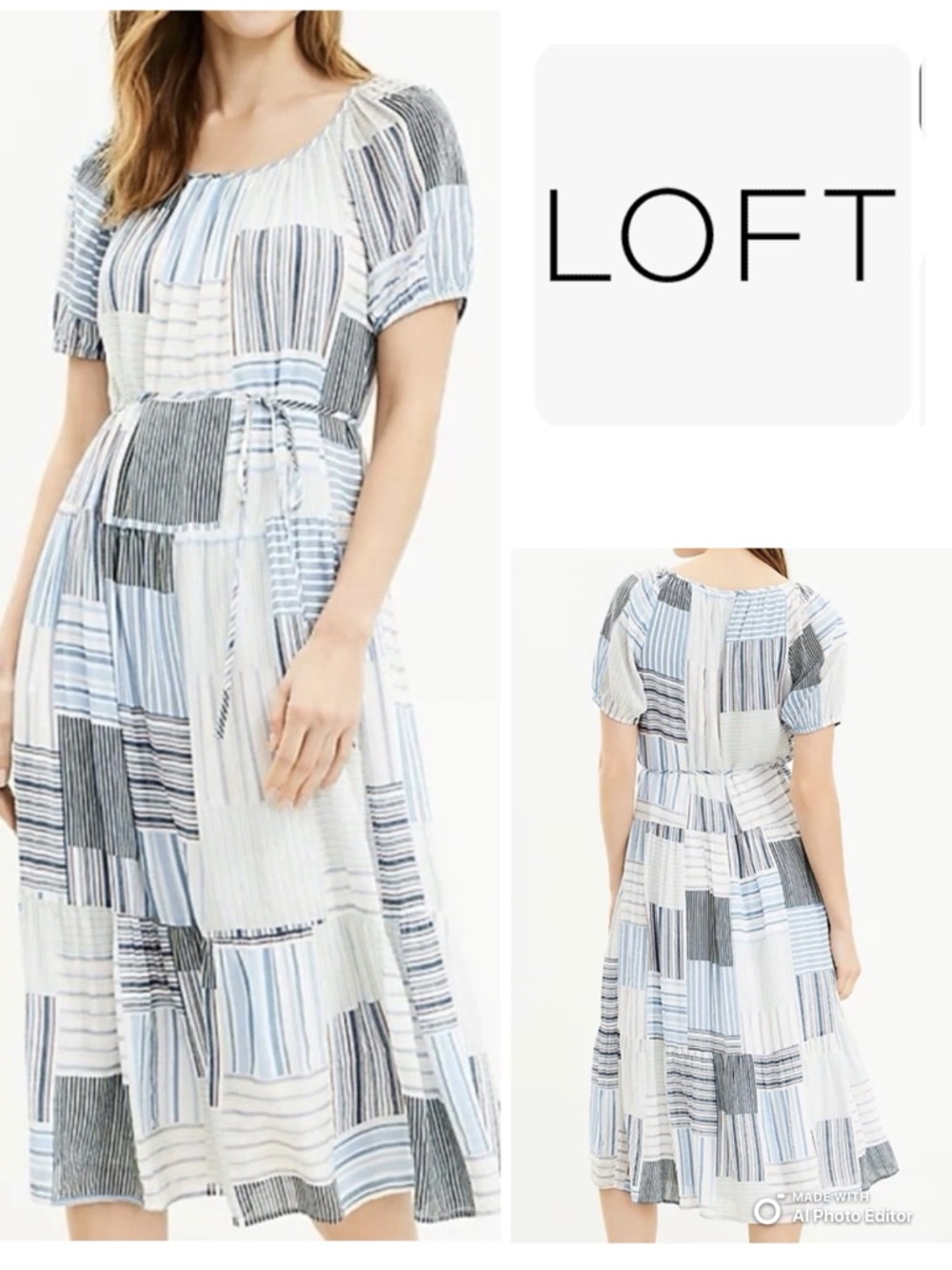 LOFT Blue and White Striped Patchwork Midi Dress